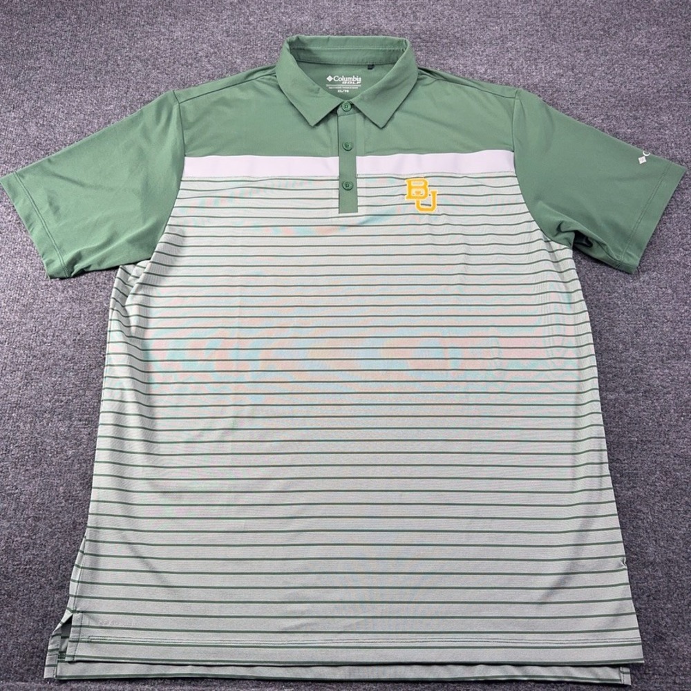 Columbia Golf Baylor University BU Polo Shirt Mens XL Green Striped Omni-Wick